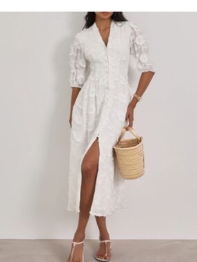 White Floral Sierra Embroidered V-Neck Button Midi Dress